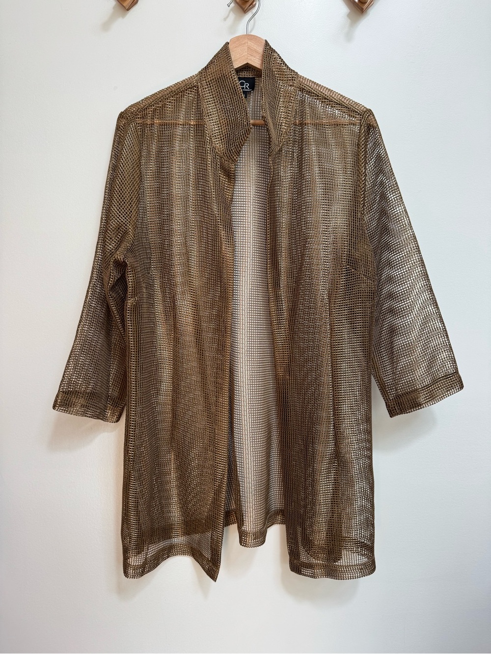 Connie Roberson Metallic Bronze Gold Mesh Net Jacket Women’s Large Elegant Layer